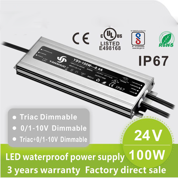 AC110V/220V DC12V 100W 8.4A UL-Listed LED Waterproof IP67 Triac and 0/1-10V Dimmable LED Dimming Power Supply
